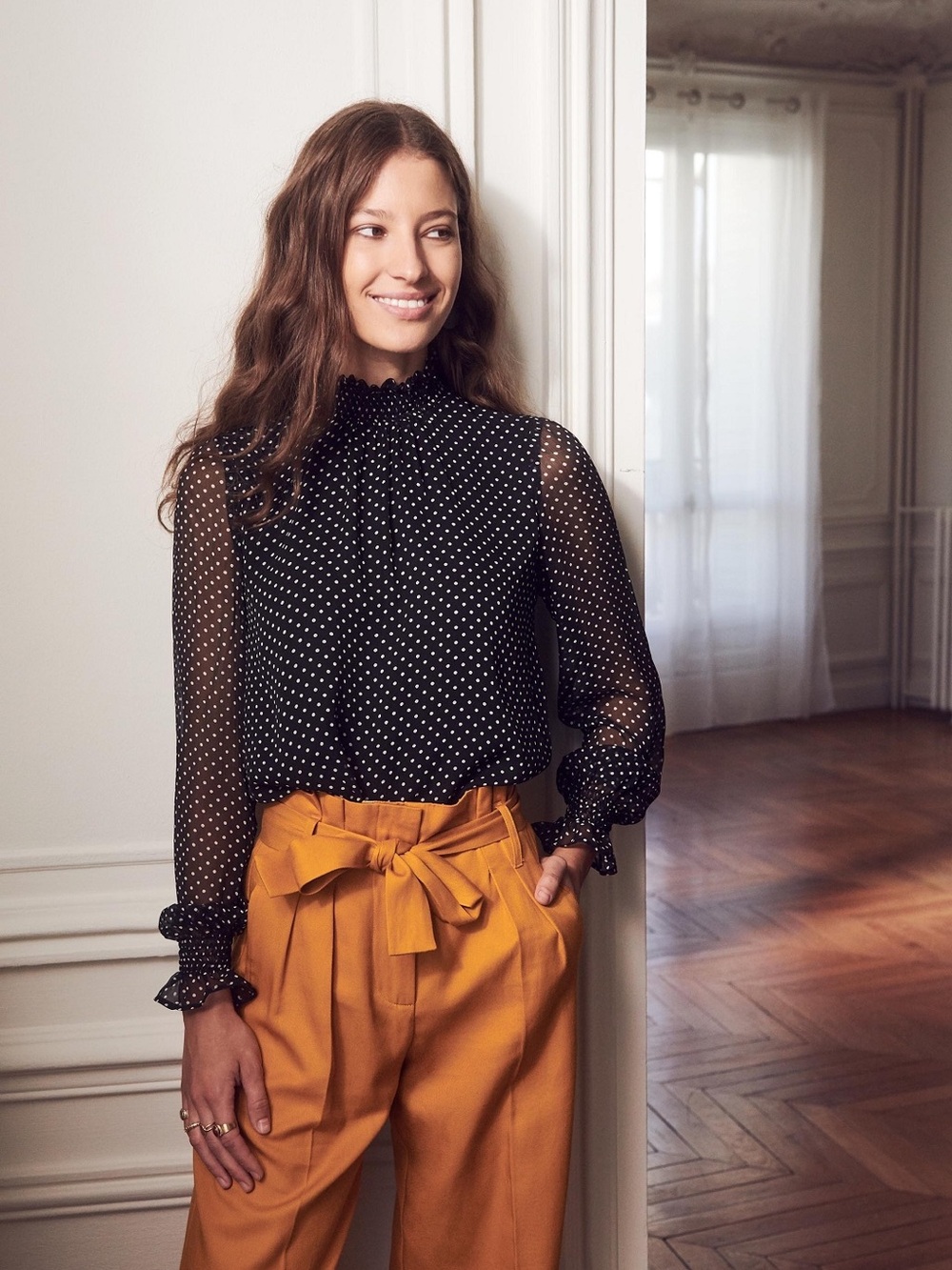 Sezane Black and White Polka Dot Smocked Neck Blouse